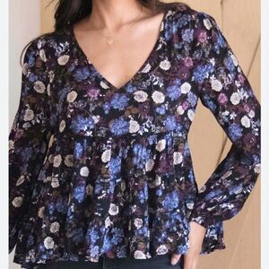 Coco & Jaimeson black floral baby doll long-sleeve semi-sheer blouse size small